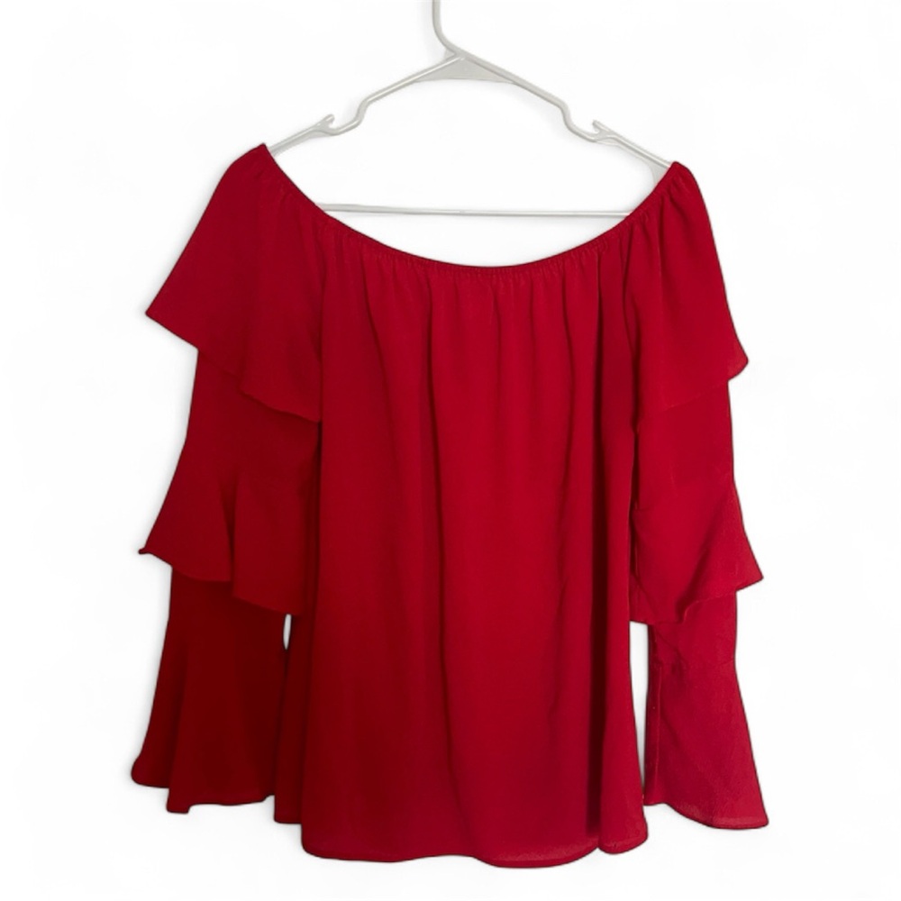 Elegant Red Fiesta Off-Shoulder Ruffle Sleeve Women's Blouse